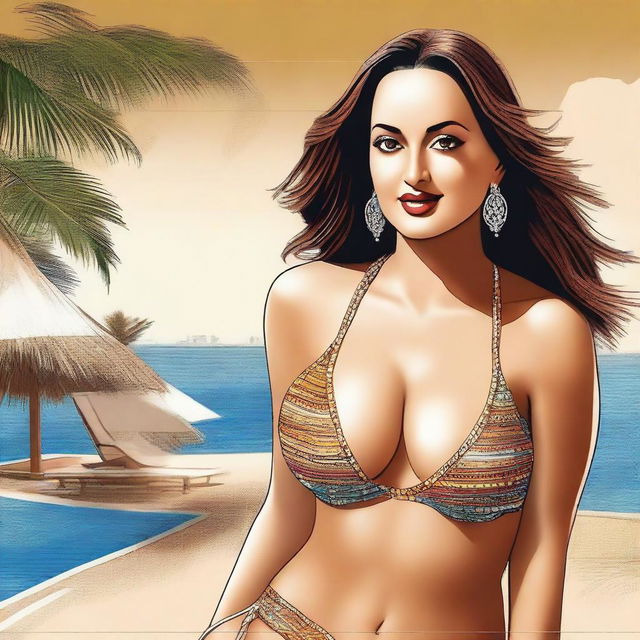 A detailed and stylish depiction of Bollywood actress Sonakshi Sinha wearing a fashionable bikini