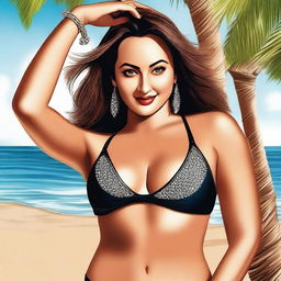 A detailed and stylish depiction of Bollywood actress Sonakshi Sinha wearing a fashionable bikini