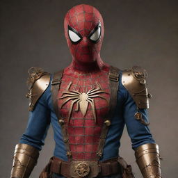 Spiderman reimagined in a steampunk style, featuring a Victorian-era suit with brass and copper spider-web gadgetry, steam-powered web shooters, and mechanical, cog-filled enhancements.