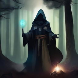 A warlock wearing a hooded cloak, holding daggers in both hands