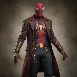 Spiderman reimagined in a steampunk style, featuring a Victorian-era suit with brass and copper spider-web gadgetry, steam-powered web shooters, and mechanical, cog-filled enhancements.