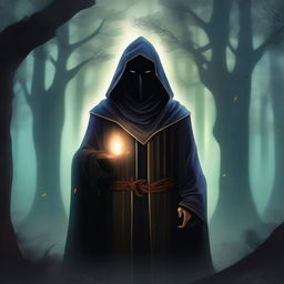 A warlock wearing a hooded cloak, holding daggers in both hands