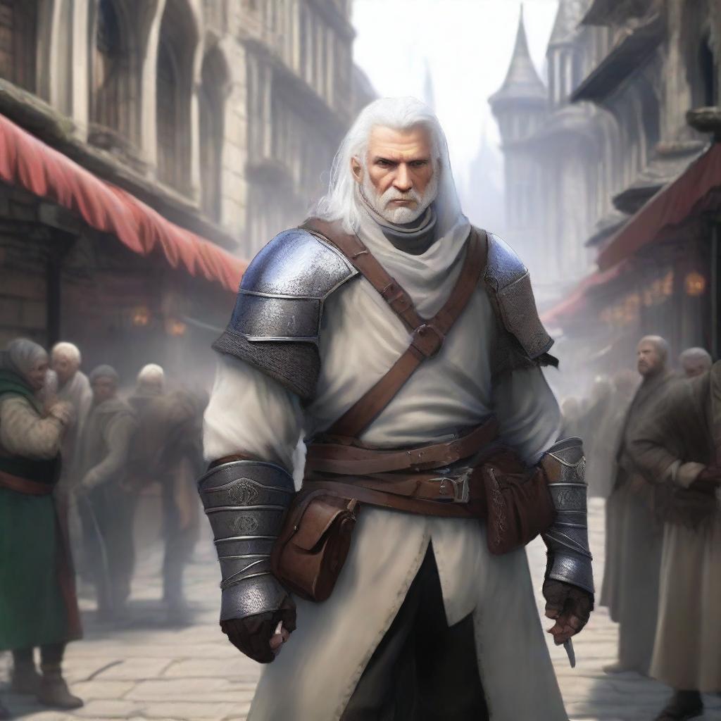 A white-haired mercenary with a belt full of daggers