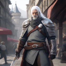 A white-haired mercenary with a belt full of daggers