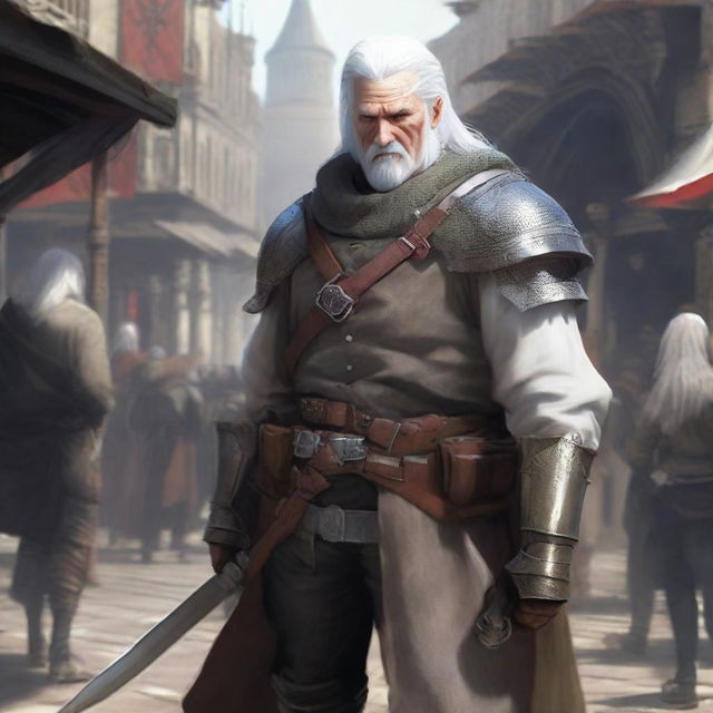 A white-haired mercenary with a belt full of daggers