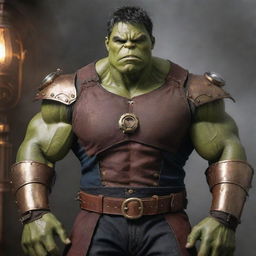 Hulk re-envisioned in a steampunk theme, donning Victorian-era clothing patched together, embellished with brass armor, and augmented with steam-powered mechanical enhancements.