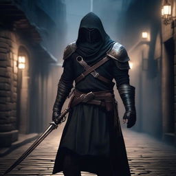 An assassin wearing black armor, holding a dagger as their primary weapon