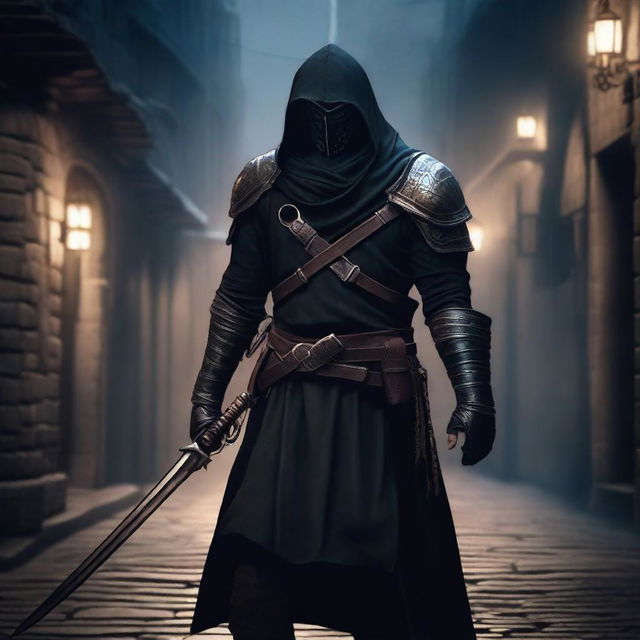 An assassin wearing black armor, holding a dagger as their primary weapon