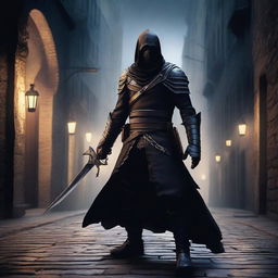 An assassin wearing black armor, holding a dagger as their primary weapon