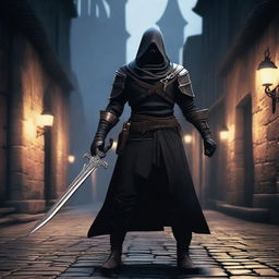 An assassin wearing black armor, holding a dagger as their primary weapon