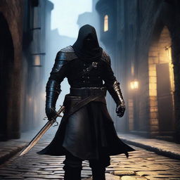 An assassin wearing black armor, holding a dagger as their primary weapon