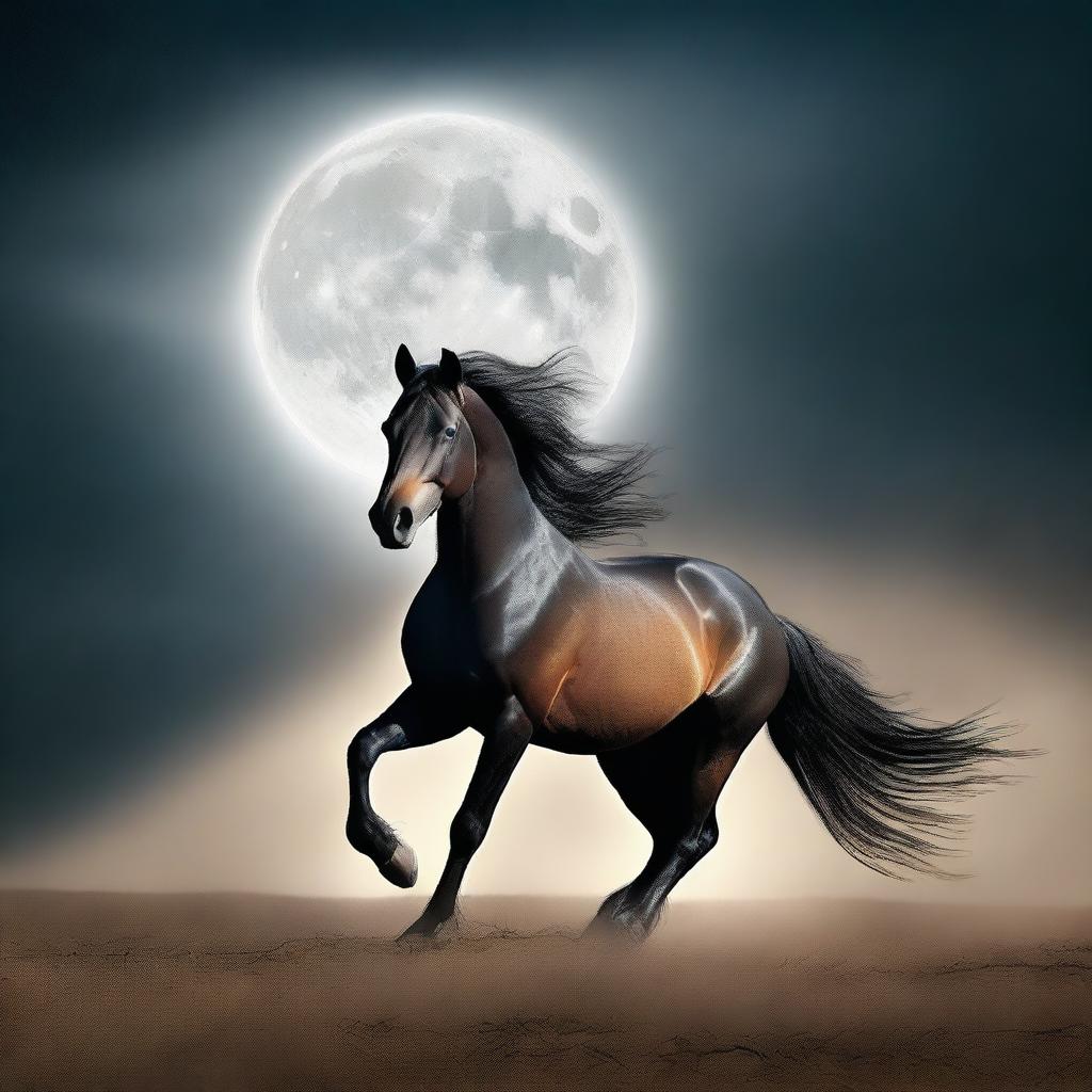 Create an ethereal image of a spirit stallion roaming through a vast, open landscape under a moonlit sky