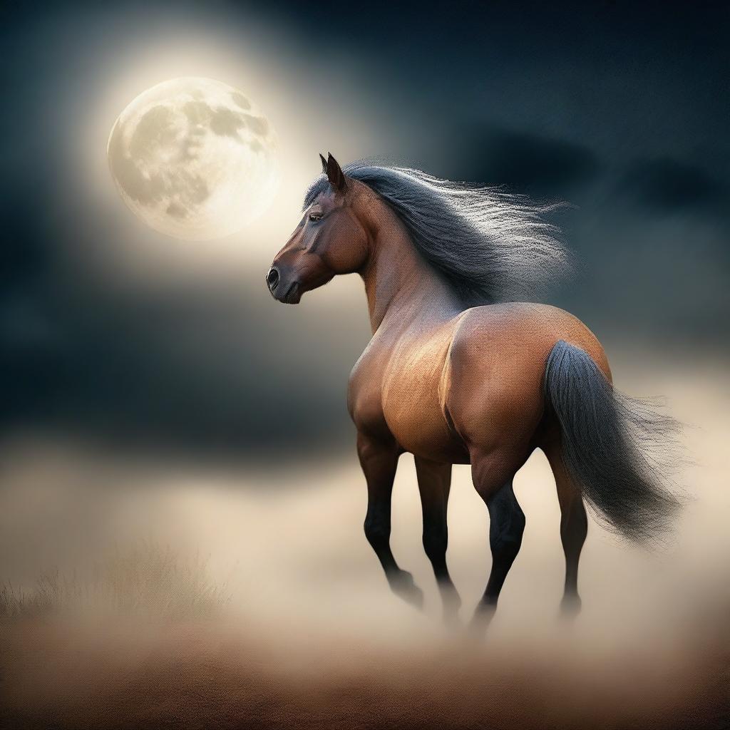 Create an ethereal image of a spirit stallion roaming through a vast, open landscape under a moonlit sky