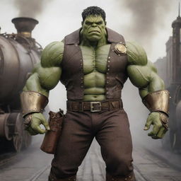 Hulk re-envisioned in a steampunk theme, donning Victorian-era clothing patched together, embellished with brass armor, and augmented with steam-powered mechanical enhancements.