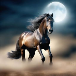 Create an ethereal image of a spirit stallion roaming through a vast, open landscape under a moonlit sky