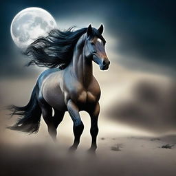 Create an ethereal image of a spirit stallion roaming through a vast, open landscape under a moonlit sky