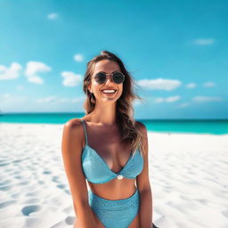 A photo of a girl influencer posing on a beautiful beach