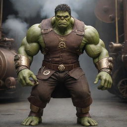 Hulk re-envisioned in a steampunk theme, donning Victorian-era clothing patched together, embellished with brass armor, and augmented with steam-powered mechanical enhancements.