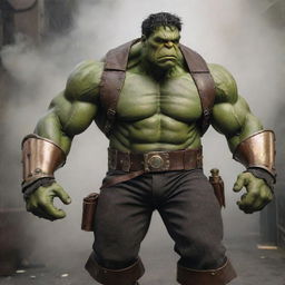 Hulk re-envisioned in a steampunk theme, donning Victorian-era clothing patched together, embellished with brass armor, and augmented with steam-powered mechanical enhancements.