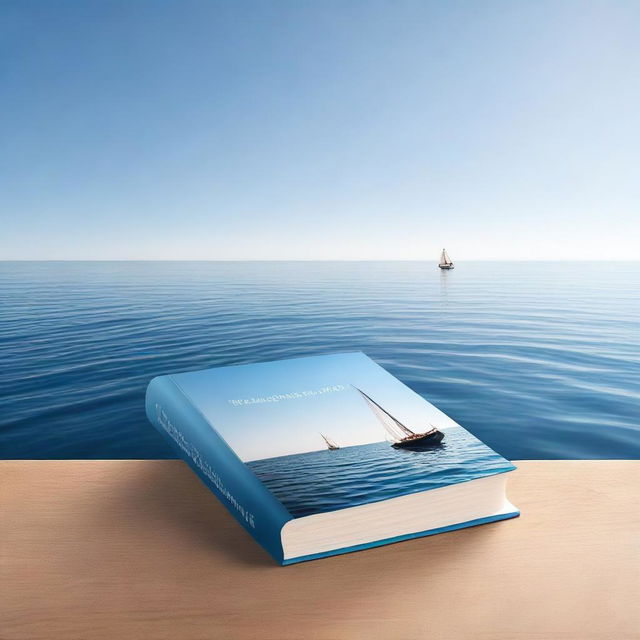 A photorealistic book cover depicting a single boat sailing in a beautiful, calm ocean on a sunny day