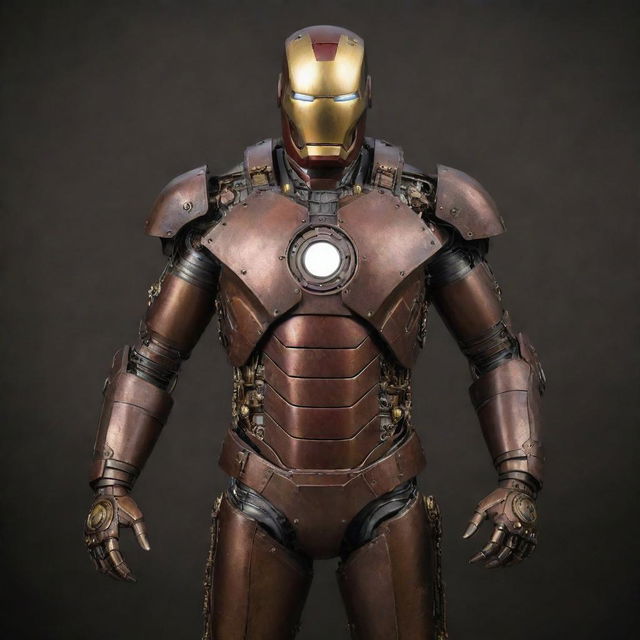 Iron Man recomposed in a steampunk style, featuring a suit made from antique metals with exquisitely detailed gear and sprocket mechanisms, powered by a central steam-driven arc reactor.