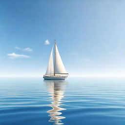 A photorealistic image of a single boat sailing in a beautiful, calm ocean on a sunny day