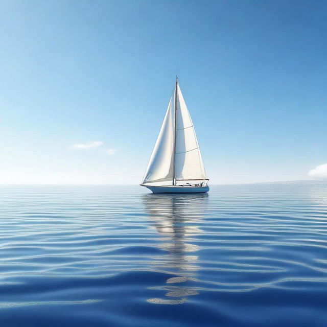 A photorealistic image of a single boat sailing in a beautiful, calm ocean on a sunny day