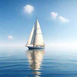 A photorealistic image of a single boat sailing in a beautiful, calm ocean on a sunny day