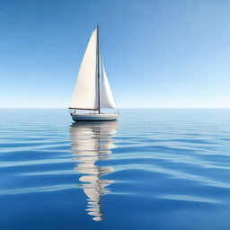 A photorealistic image of a single boat sailing in a beautiful, calm ocean on a sunny day