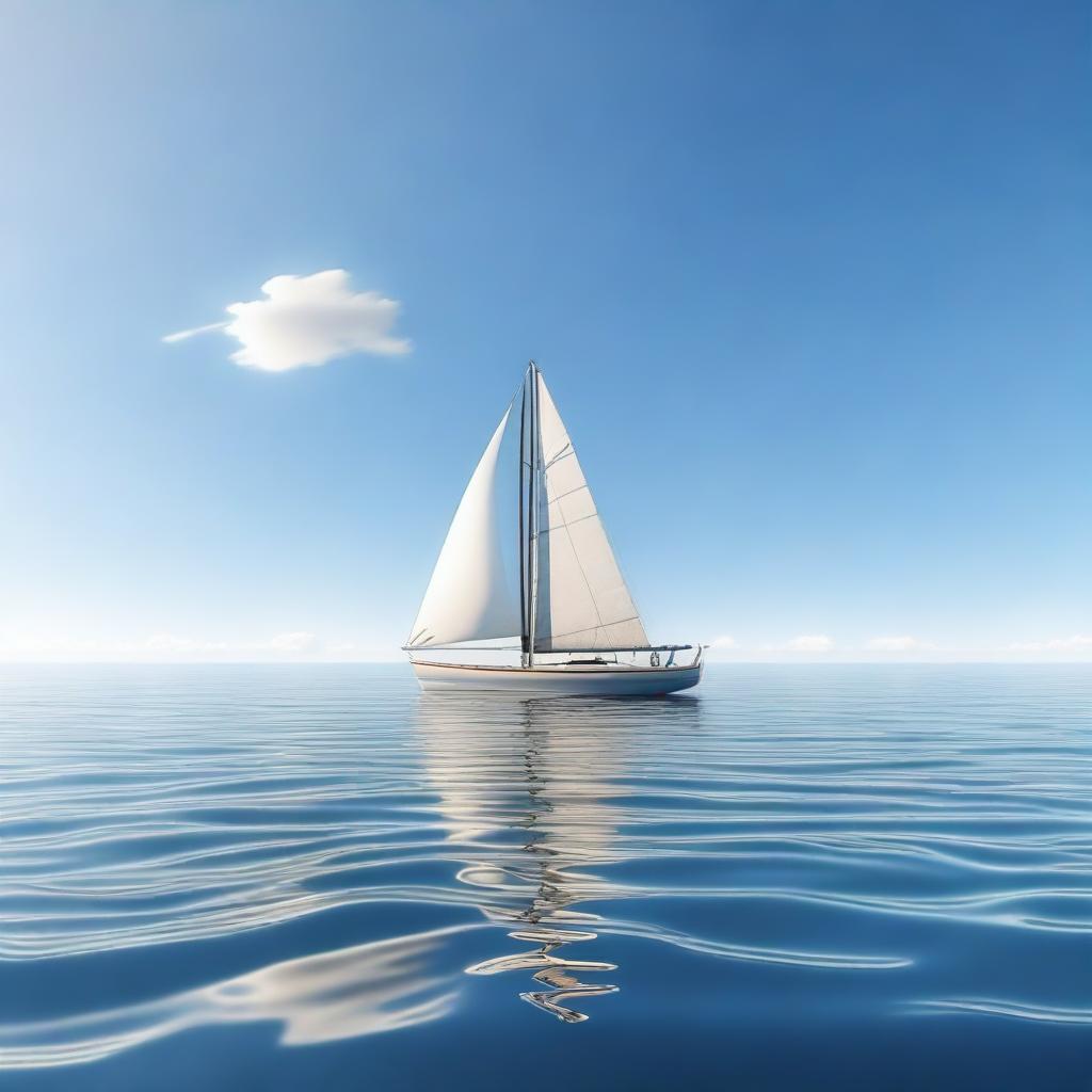 A photorealistic image of a single boat sailing in a beautiful, calm ocean on a sunny day