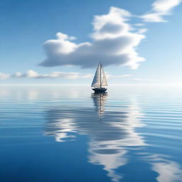 A photorealistic image of a single boat sailing in a beautiful, calm ocean on a sunny day