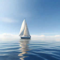 A photorealistic image of a single boat sailing in a beautiful, calm ocean on a sunny day