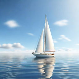 A photorealistic image of a single boat sailing in a beautiful, calm ocean on a sunny day