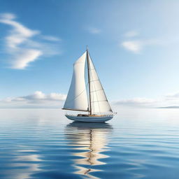 A photorealistic image of a single boat sailing in a beautiful, calm ocean on a sunny day