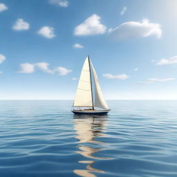 A photorealistic image of a single boat sailing in a beautiful, calm ocean on a sunny day