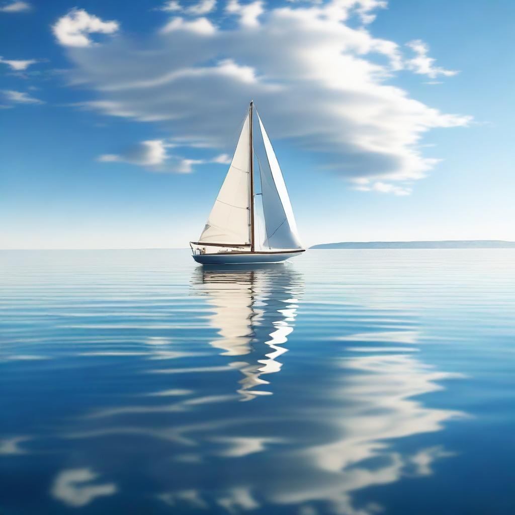 A photorealistic image of a single boat sailing in a beautiful, calm ocean on a sunny day