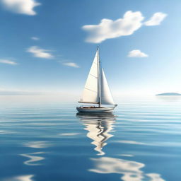 A photorealistic image of a single boat sailing in a beautiful, calm ocean on a sunny day