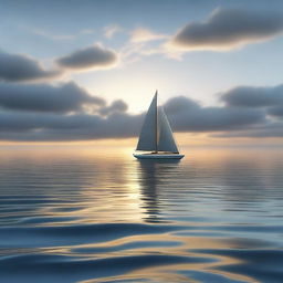 A photorealistic image of a single boat sailing in a beautiful, calm ocean during the evening, when the sky is darker