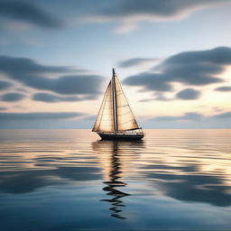 A photorealistic image of a single boat sailing in a beautiful, calm ocean during the evening, when the sky is darker