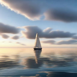 A photorealistic image of a single boat sailing in a beautiful, calm ocean during the evening, when the sky is darker