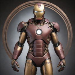 Iron Man recomposed in a steampunk style, featuring a suit made from antique metals with exquisitely detailed gear and sprocket mechanisms, powered by a central steam-driven arc reactor.