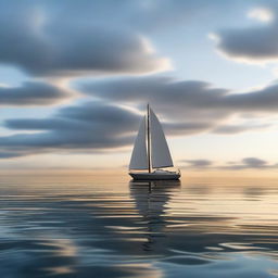 A photorealistic image of a single boat sailing in a beautiful, calm ocean during the evening, when the sky is darker