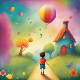 A whimsical and nostalgic scene depicting a child with their imaginary friend in a magical and colorful setting