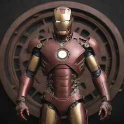 Iron Man recomposed in a steampunk style, featuring a suit made from antique metals with exquisitely detailed gear and sprocket mechanisms, powered by a central steam-driven arc reactor.