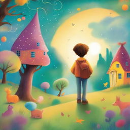 A whimsical and nostalgic scene depicting a child with their imaginary friend in a magical and colorful setting