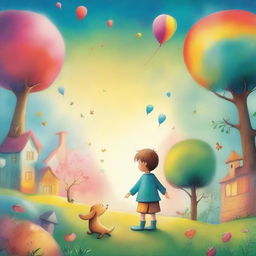 A whimsical and nostalgic scene depicting a child with their imaginary friend in a magical and colorful setting