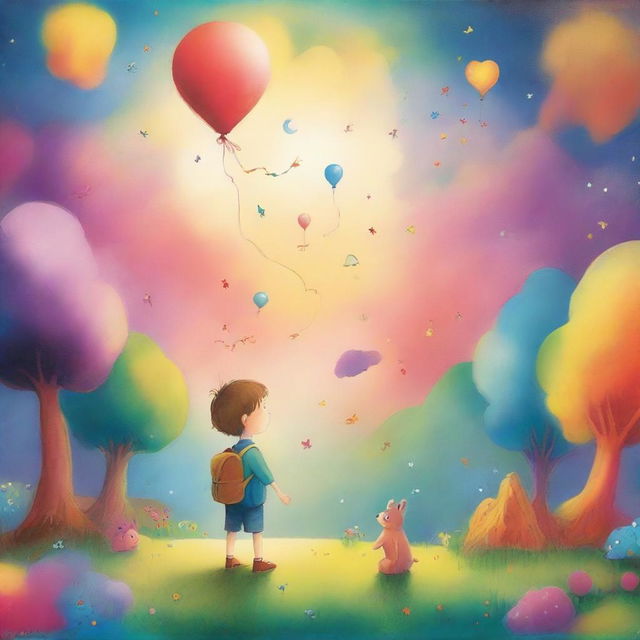 A whimsical and nostalgic scene depicting a child with their imaginary friend in a magical and colorful setting