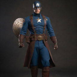 Captain America reimagined in steampunk fashion, wearing a uniform tailored from the Victorian era, supplemented with a mechanically enhanced brass shield with intricate gearwork.