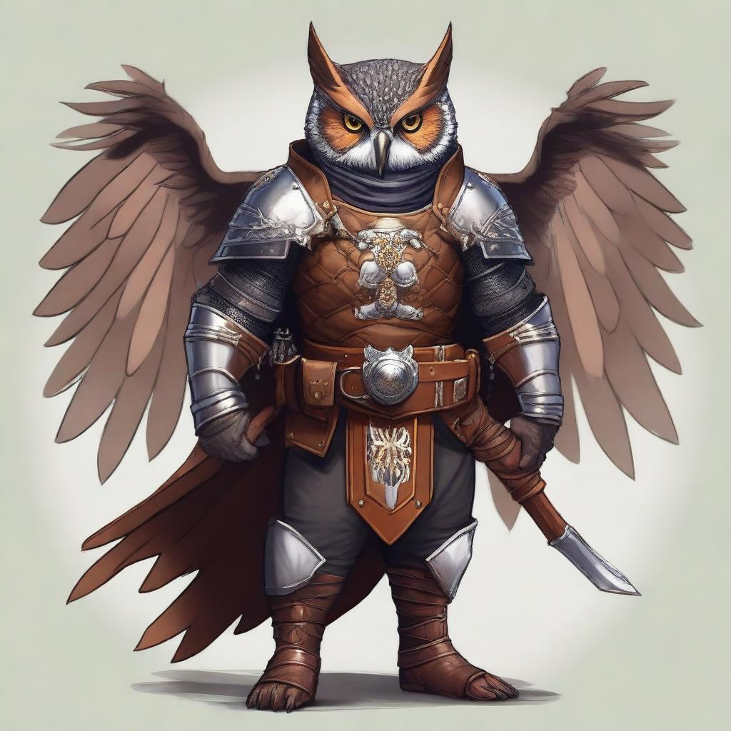 A detailed illustration of an Owlin rogue with wings, dressed in leather armor