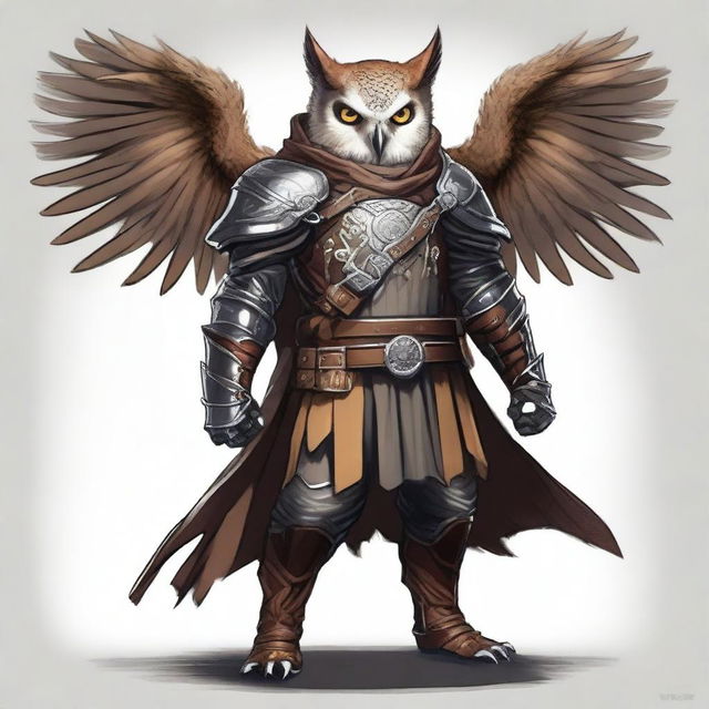 A detailed illustration of an Owlin rogue with wings, dressed in leather armor